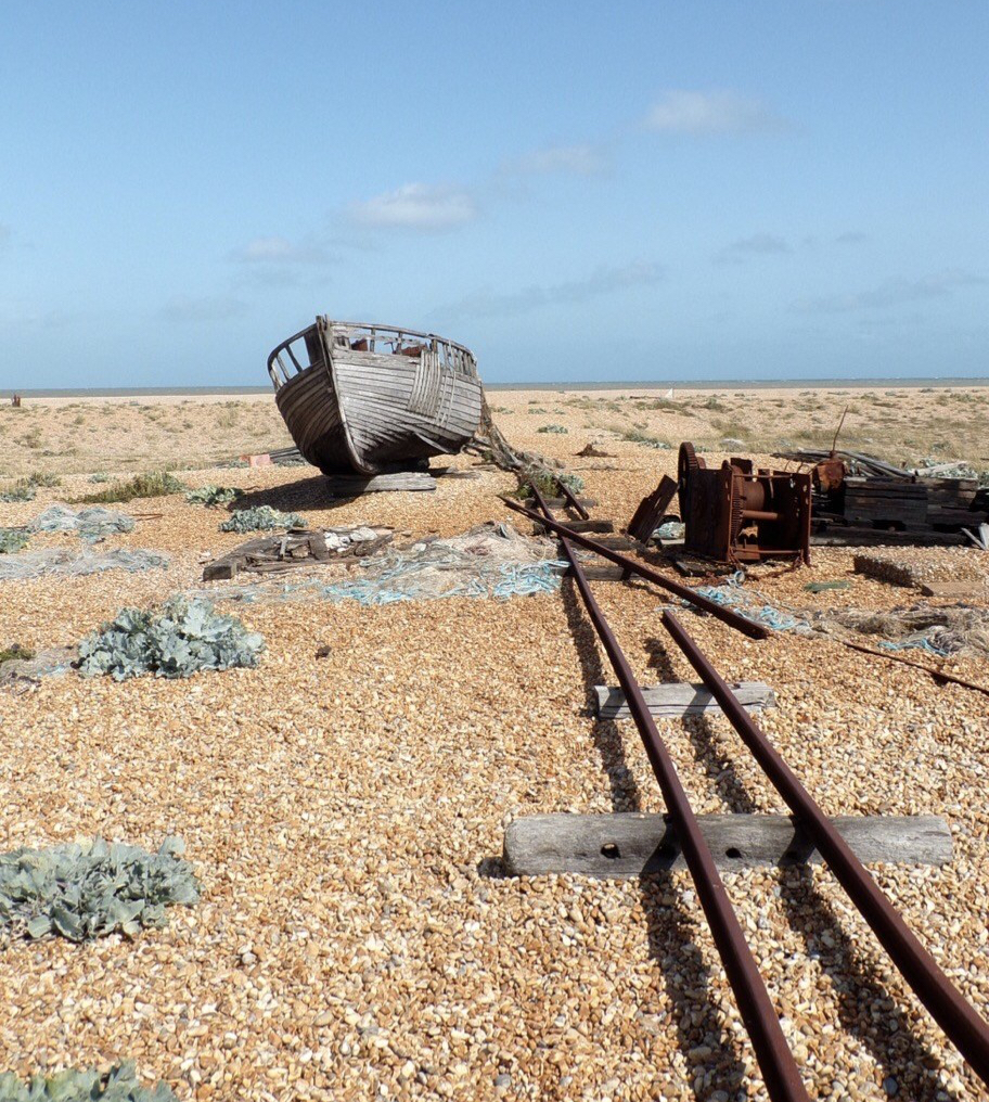 Dungeness boat and tracks. © Mari French 2019.